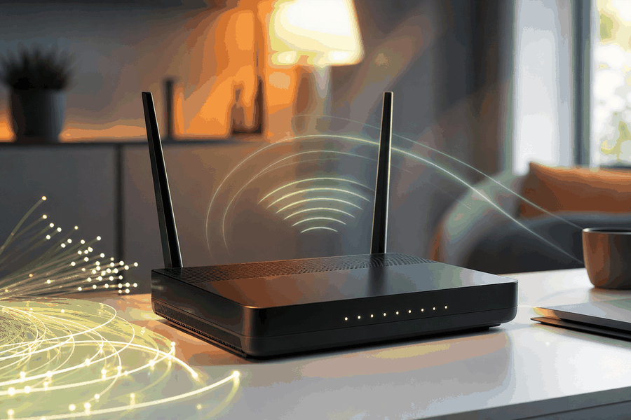 Router WiFi transmitiendo senal de fibra optica